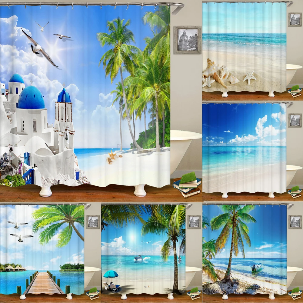 

Coastal Sunny Beach Scenery Printing Bathroom Waterproof Shower Curtain Polyester 3D landscape Home Decoration Bathroom Curtain