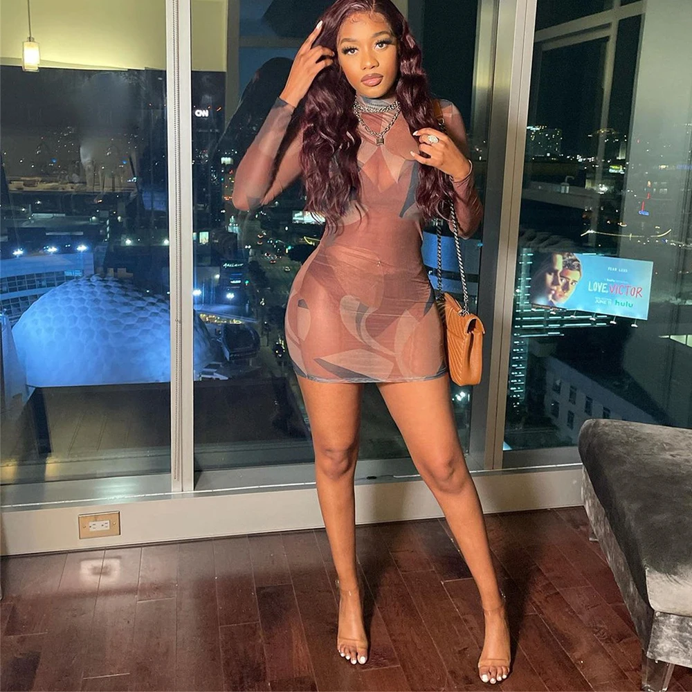 Прозрачное Сетчатое платье-футляр с геометрическим принтом для женщин