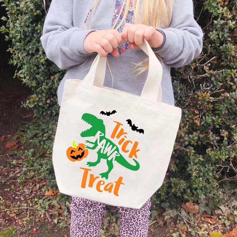 

Trick rawr treat T-Rex with Pumpkin mini tote bag dinosaur themed Halloween party decoration kid boy girl candy Goodie gift bag