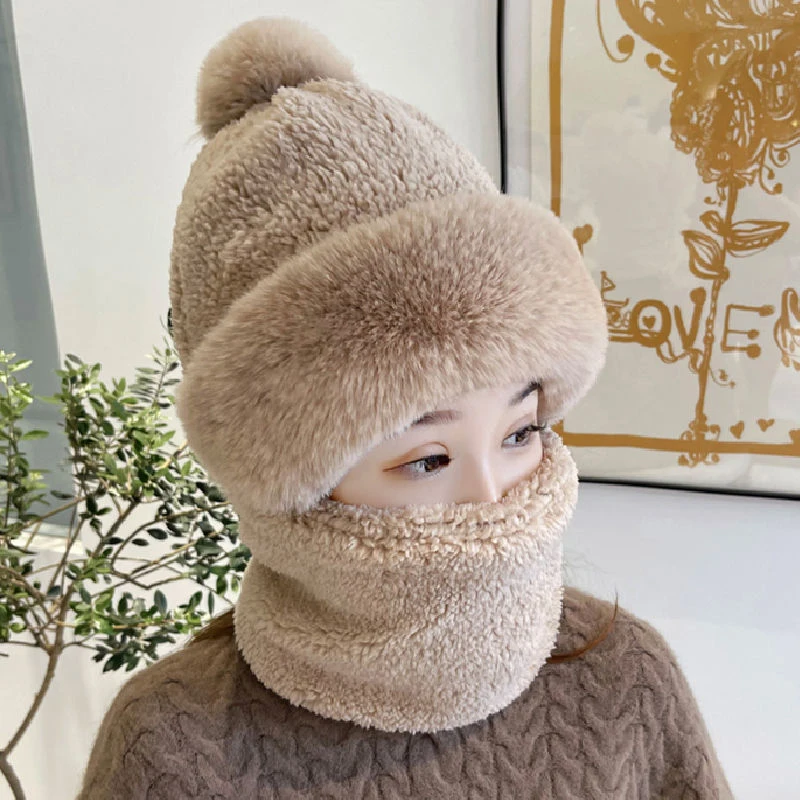 

Winter Outdoor Knit Hat Women Wool Knitted Hat Ski Hat Sets Plush Fleece Windproof Thick Scarf Collar Warm Pullovers Masked Hats