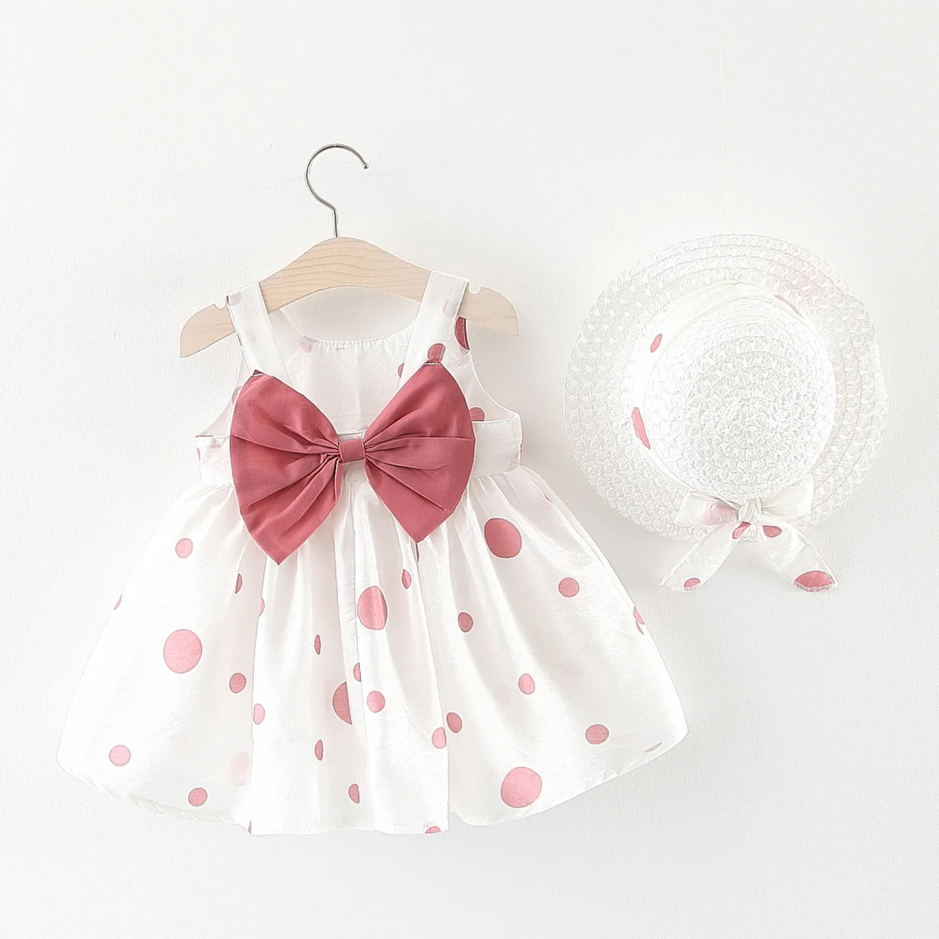 Big Bow Baby Dress Lovely Summer Infant New Girl Clothes Cute Dot Sleeveless Cotton Toddler Dresses+Sunhat Newborn Clothing Set