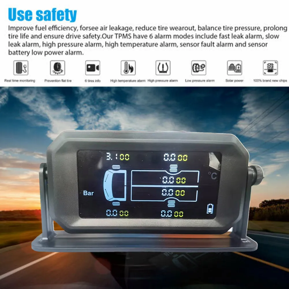 

Solar TPMS LCD Car Tire Pressure Wireless Monitoring System + 6 External Sensors 1 X Wrench USB Cable Manual Bracket Sticker