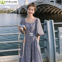square neck plaid dress womens summer 2022 new korean style bubble sleeve french waist fashion medium length dress