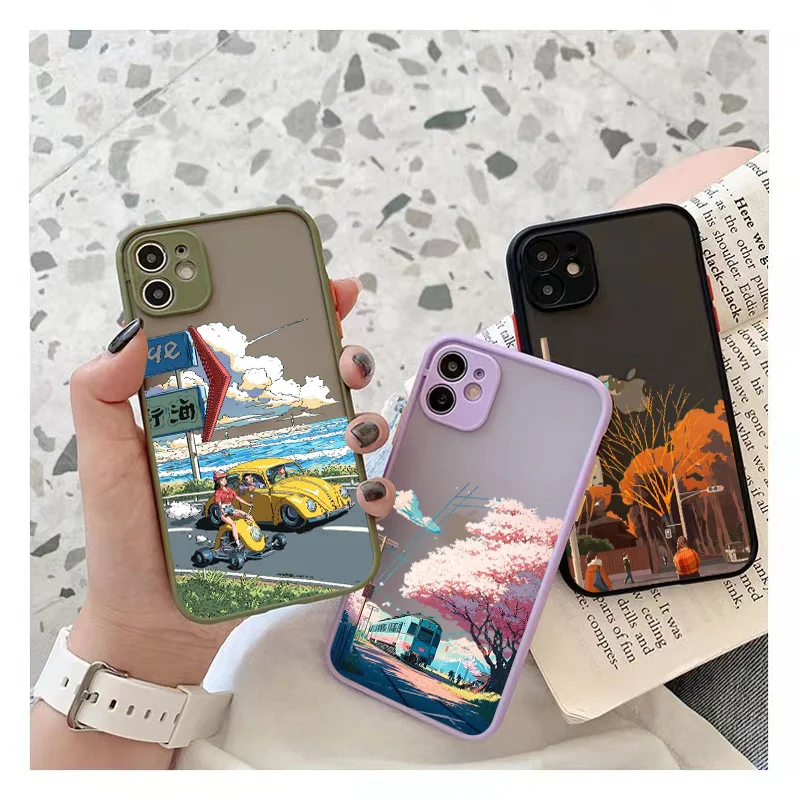 

Japan Anime Scenery Case For iPhone 13 12 11 14 Pro Max XR XS X 7 8 14 Plus SE20 Mini Luxury Silicone Bumper Clear Hard PC Cover