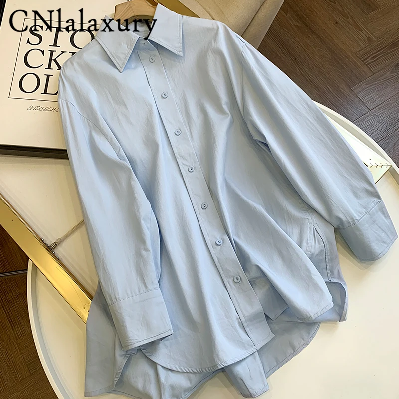 

CNlalaxury Autumn Blue Poplin Shirt Long Sleeves Woman Solid Color Button Blouse Chic Lady Loose Asymmetric Hem Blusas Female