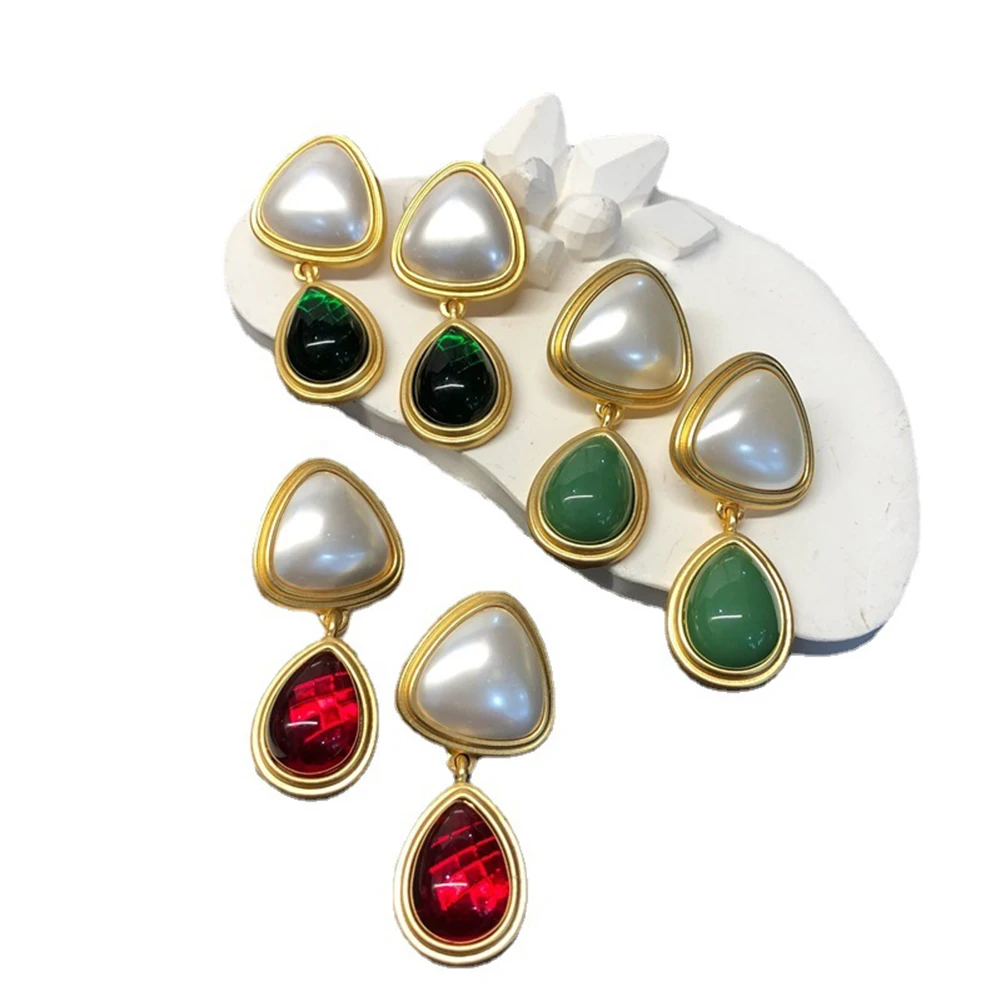 

Vintage Zircon Pearl Heart Geometric Earrings Palace Style Retro Ear Studs Bow Flower Ear Drops for Women