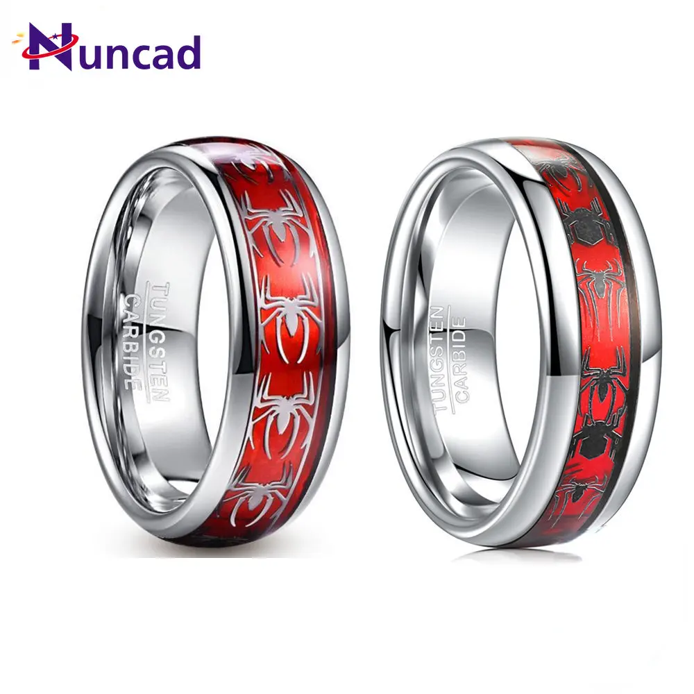

NUNCAD 8mm Wide Inlaid Red Opal Paper + Spider Motif Tungsten Steel Men's Ring Wedding Band Tungsten Carbide Ring T227R