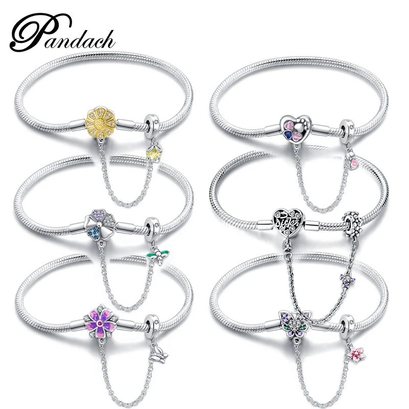 Браслеты из серебра 925 пробы с фиолетовыми бабочками и маргаритками