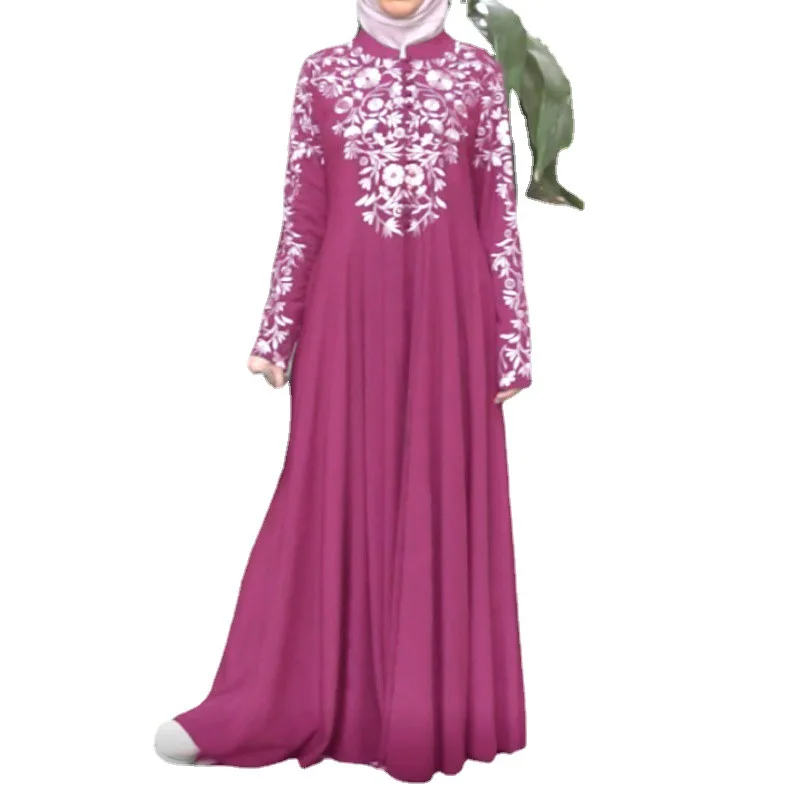 2023 new Muslim women's long-sleeved stand collar print skirt national style PP1491