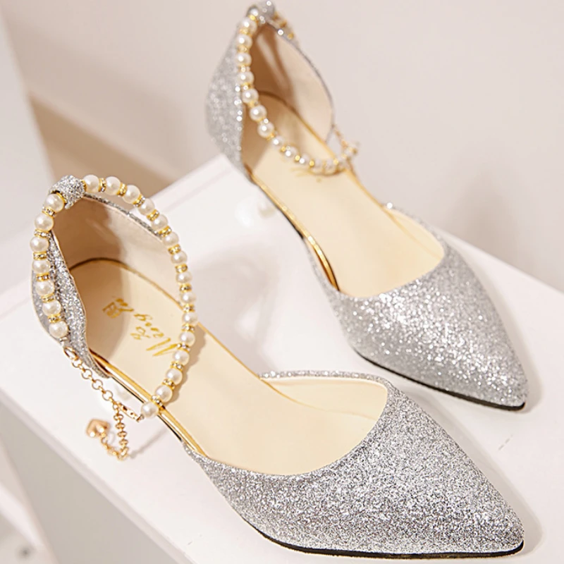 

Classic Sequins High Heels for Women Summer Korean Style Beaded Pointed Sandals Wedding Bride Shoes Zapatos De Novia Para Boda