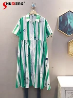 oversized green stripes midi dress ladies 2022 summer new korean style loose fashion short sleeve printed mid length shirt dress