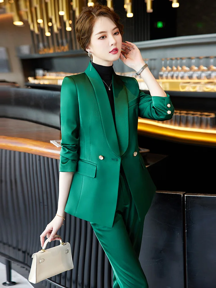 Green professional women's suit high-end autumn temperament formal dress slim fitting irregular long sleeved work clothes Korean