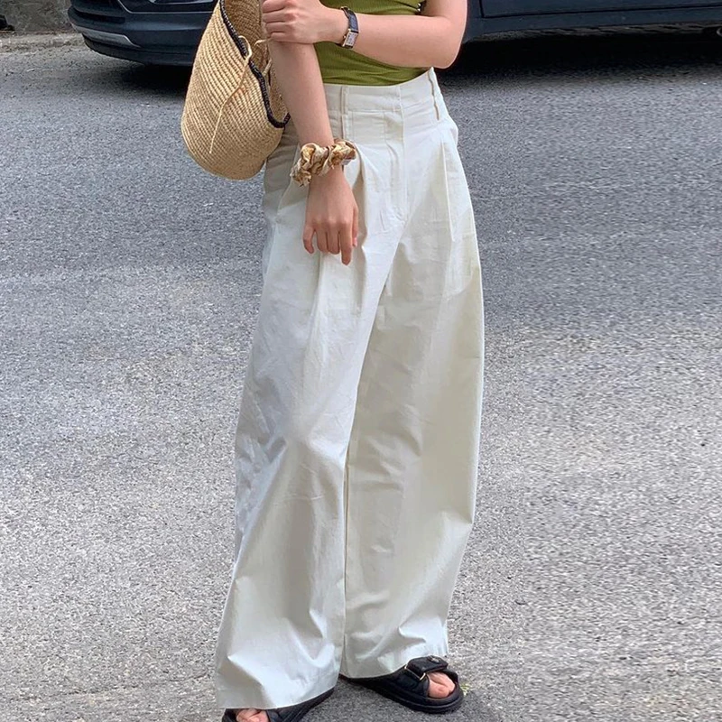 

SuperAen, корейские, шикарные, летние, с высокой талией, плиссированные, с карманами, свободные, прямые, широкие брюки, женские штаны