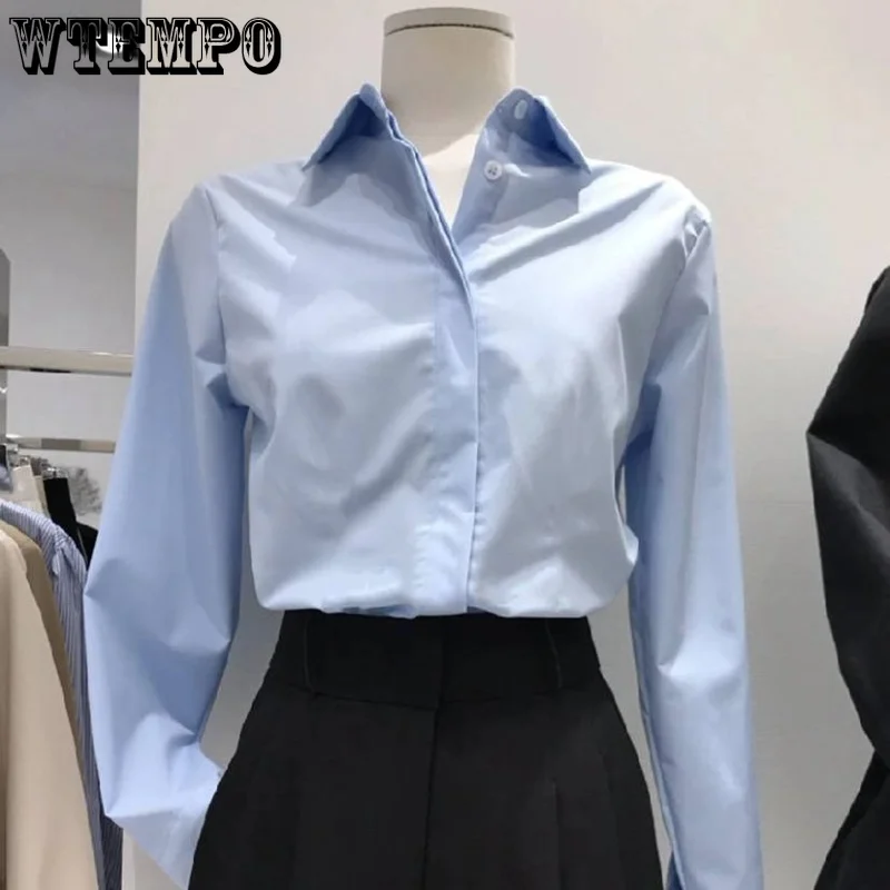

WTEMPO Blue Long Sleeved Shirt with Concealed Buckle Design Casual Solid Versatile Women's 2023 New Fashion Spring Autumn Top