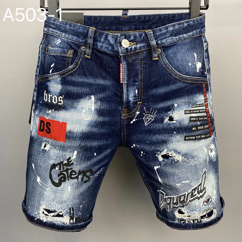 

Мужские синие джинсовые шорты Dsquared2, Роскошные итальянские брендовые рваные джинсовые брюки-стрейч с вышивкой в стиле High Street