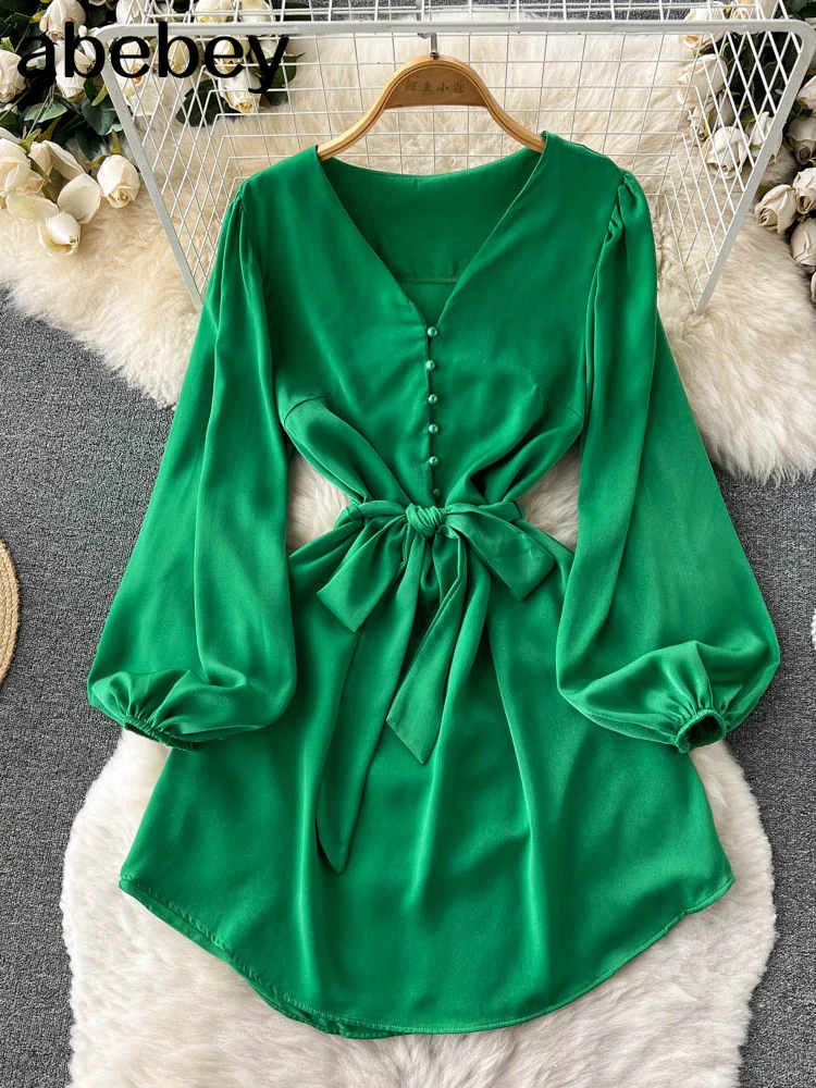 

Ladies French Short Shirt Dress V Neck lantern Sleeve Waist Sheath Dress Women Elastic Waist Retro Solid Autumn Dress