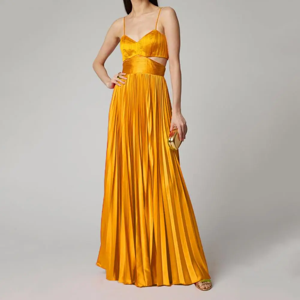 

Suspender Dress Solid Color Skin-touch High-Waist Summer Sexy Pleated Large Hem Party Dress Sling Dress Female Clothes
