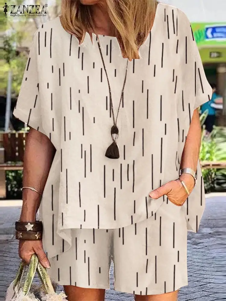 

ZANZEA Vintage Short Sleeve Holiday Short Sets Summer Elastic Waist 2PCS Oversize Party Suits Women Casual Printed Matching Sets