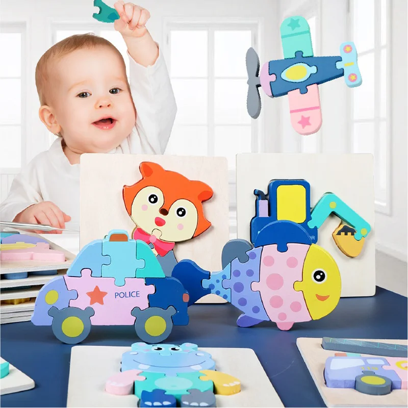 

Kids 3D Puzzles Montessori Jigsaw Wooden Cartoon Animal Traffic Toys For Children Intelligence Early Educational Learning Toy