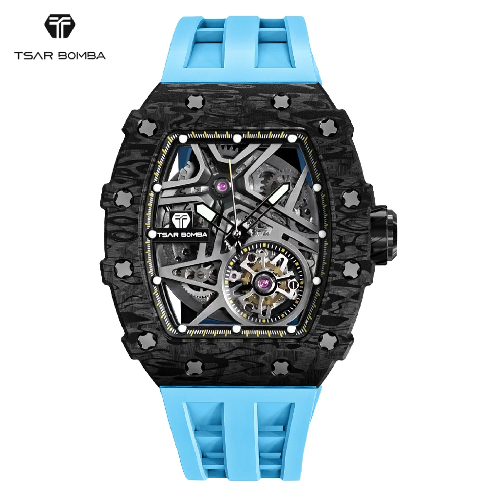 

TSAR BOMBA Mens Automatic Watch Carbon Fiber WristWatch Luxury Sapphire Glass Skeleton Clock Tonneau Mechanical Watch for Men
