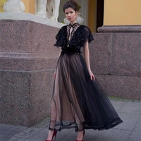 gothic black a line evening dress high neck lace appliques mother of the bride party gowns short sleeve simple tulle prom dress