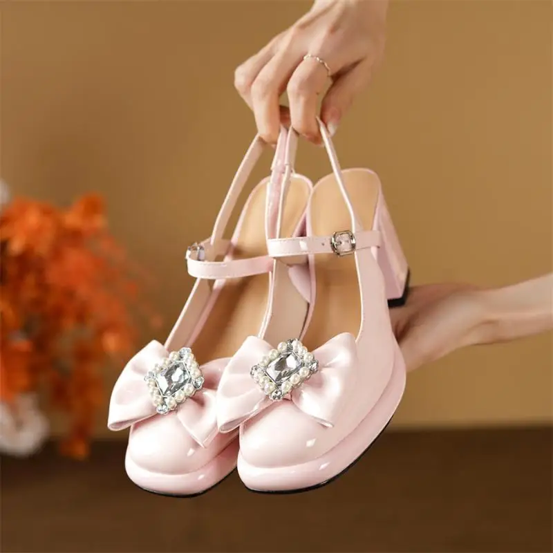 

Fine Leather Women Shoes 2023 New Sweet Pink Mary Jane Luxury High Heeled Elegant Ladies Bow Retro Rhinestones Pumps