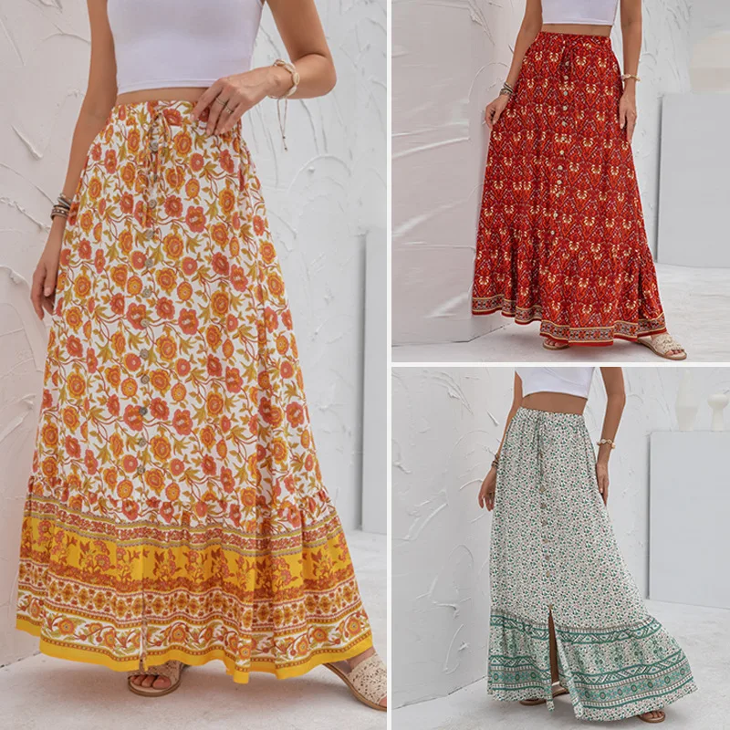 Long Skirts Summer Women's 2023 New High Waist Printed Breasted Button Slit Fashion Sexy Elegant Female Skirt