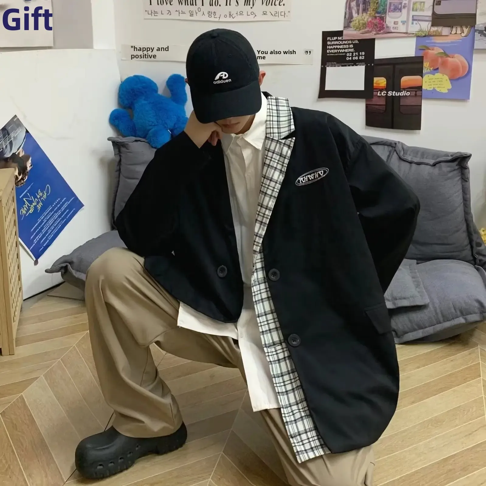 Spring Autumn Men's Loose-fit Trendy Korean Style Suit Elegant Vintage Western-style Clothes Plaid Casual Top Jacket