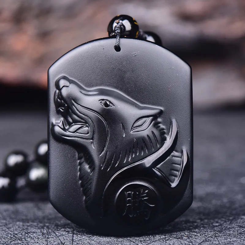 

Natural Black Obsidian Carving Wolf Head Amulet Pendant Free Necklace Obsidian Blessing Lucky Pendants Fashion Jewelry