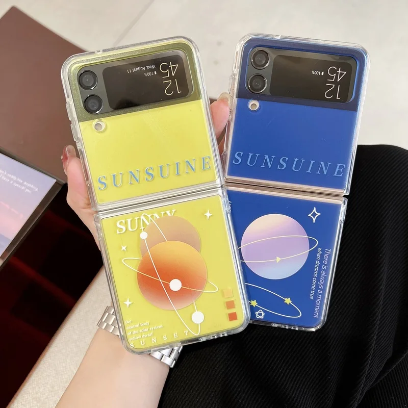 

Fashion Planet Yellow Blue Phone Case for Samsung Galaxy Z Flip 3 Z Flip 4 Hard PC Back Cover for ZFlip3 ZFlip4 Case Shell