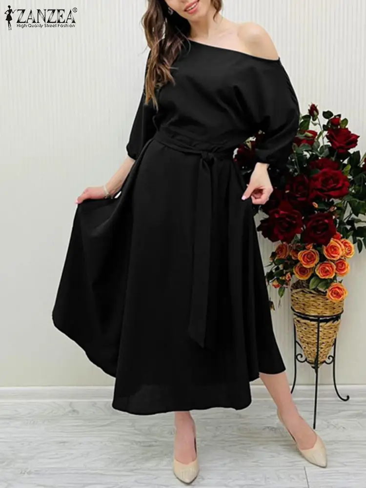 

Женское длинное платье ZANZEA 2023, Повседневное платье с открытыми плечами и поясом, элегантное платье макси с рукавом 3/4, осенние модные платья с карманами