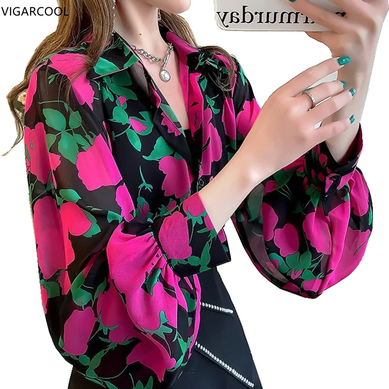 

Spring and Autumn Fashionable Chiffon Printed Shirt for Women 2023 New Loose Lantern Sleeve Shirt with Polo Collar Top for Women