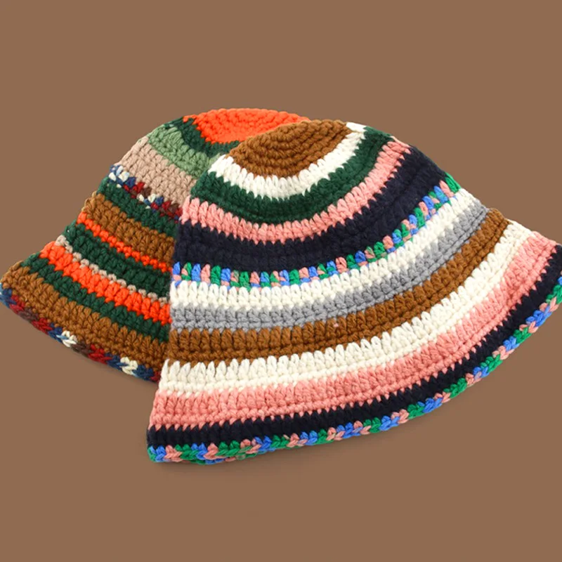 

Японская женская вязаная Рыбацкая шапка, шерстяные вязаные крючком полосатые короткие поля контрастных цветов, Купольные Панамы, осенние ретро шапки для раковины