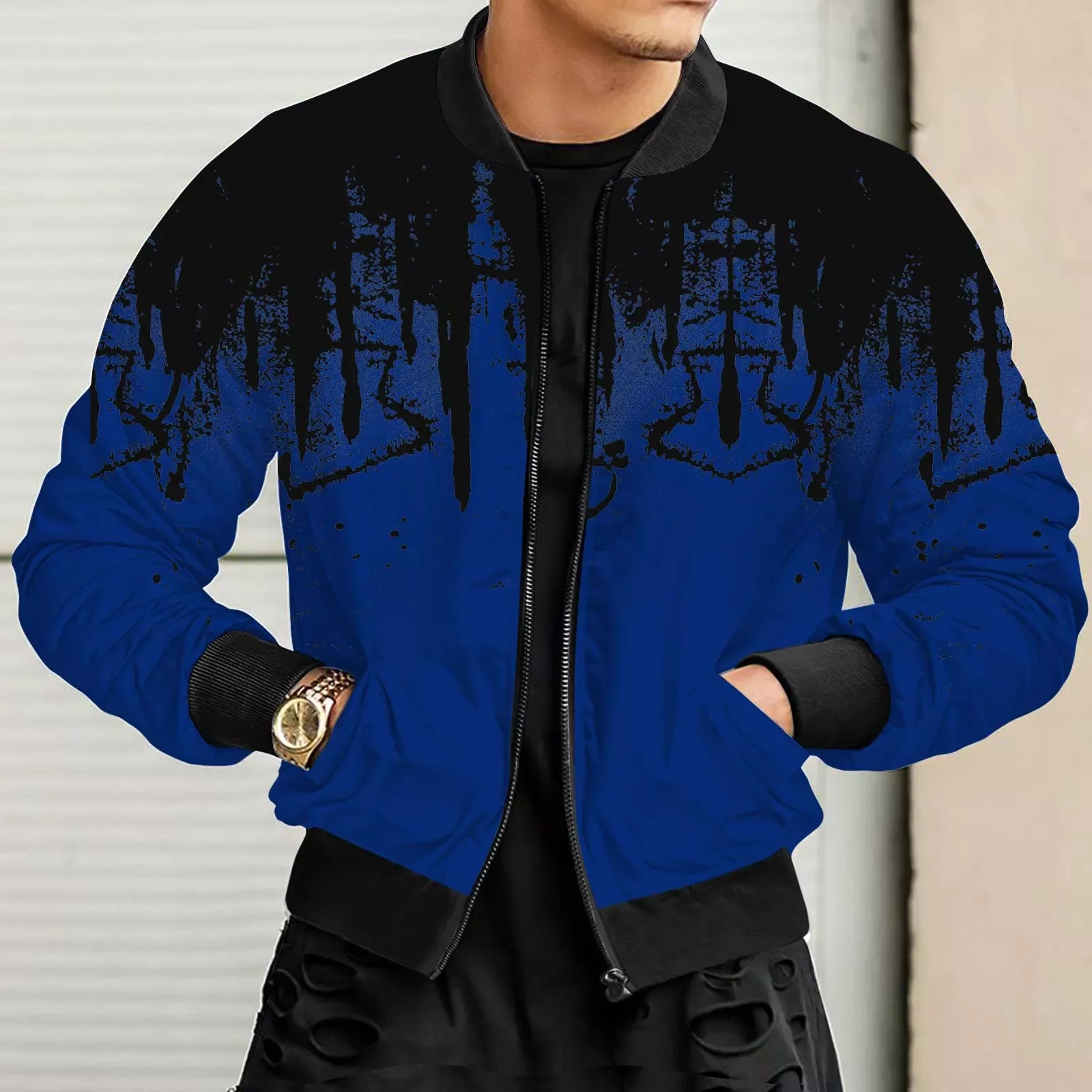 

NEW IN Mens Autumn And Winter Leisure Sports Woven Street Ink Splash Collar Zipper Jacket Winter Jacket Men Hood