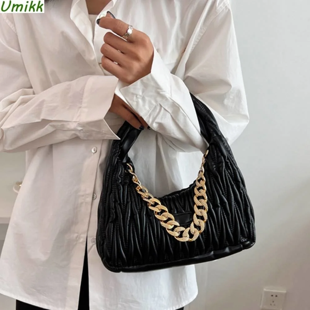 

Ladies Trend Chain Handbag Fashion Embroidery Pleated Casual Ladies Top-handle Bags Simple Portable PU Leather Satchel Hand Bags