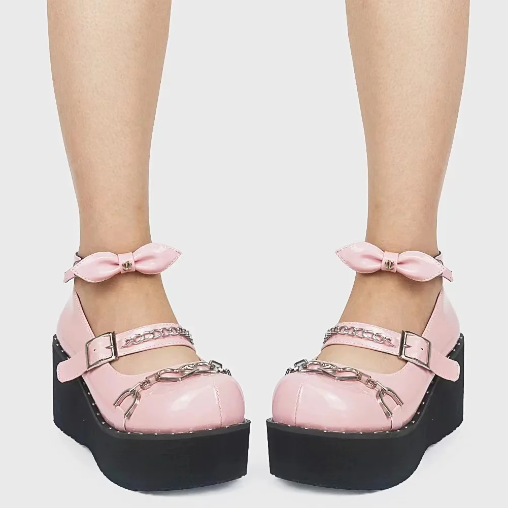 

2022 NEW Japanese Sweet Lolita Shoes Gothic Punk Motorcycle Platform Shoes Love Heart Buckle Chain Gothic Kawaii Shoes Loli Pink