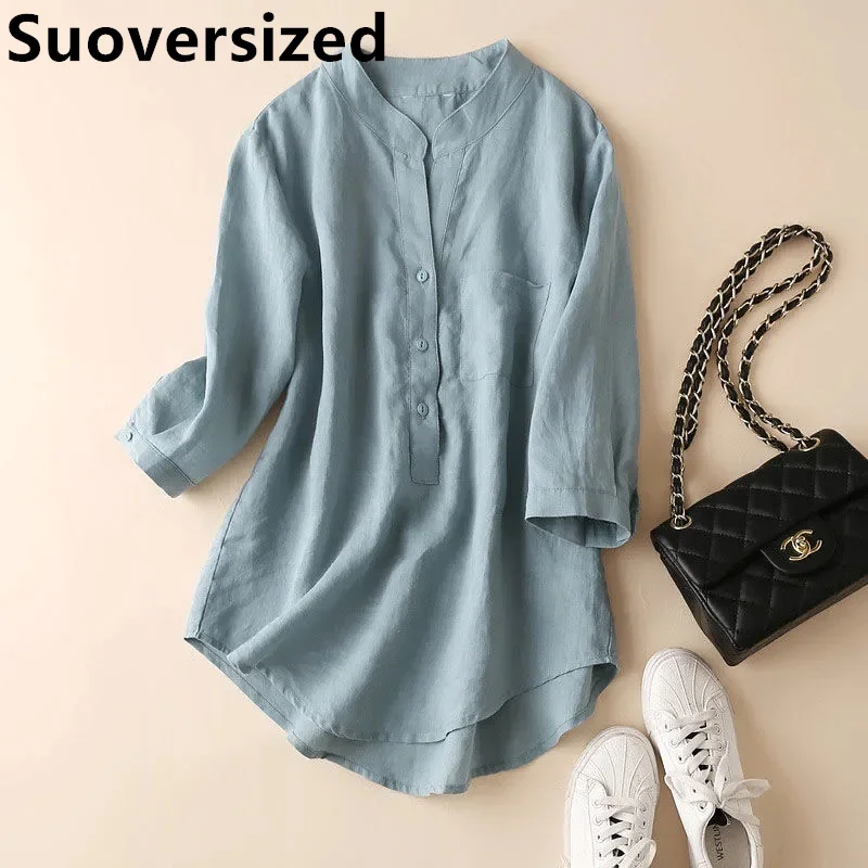 

Spring Fall Cotton Linen Three Quarter Sleeve Shirt For Women Loose Casual Solid Tops New Korean Elegant Mid-length Blouses