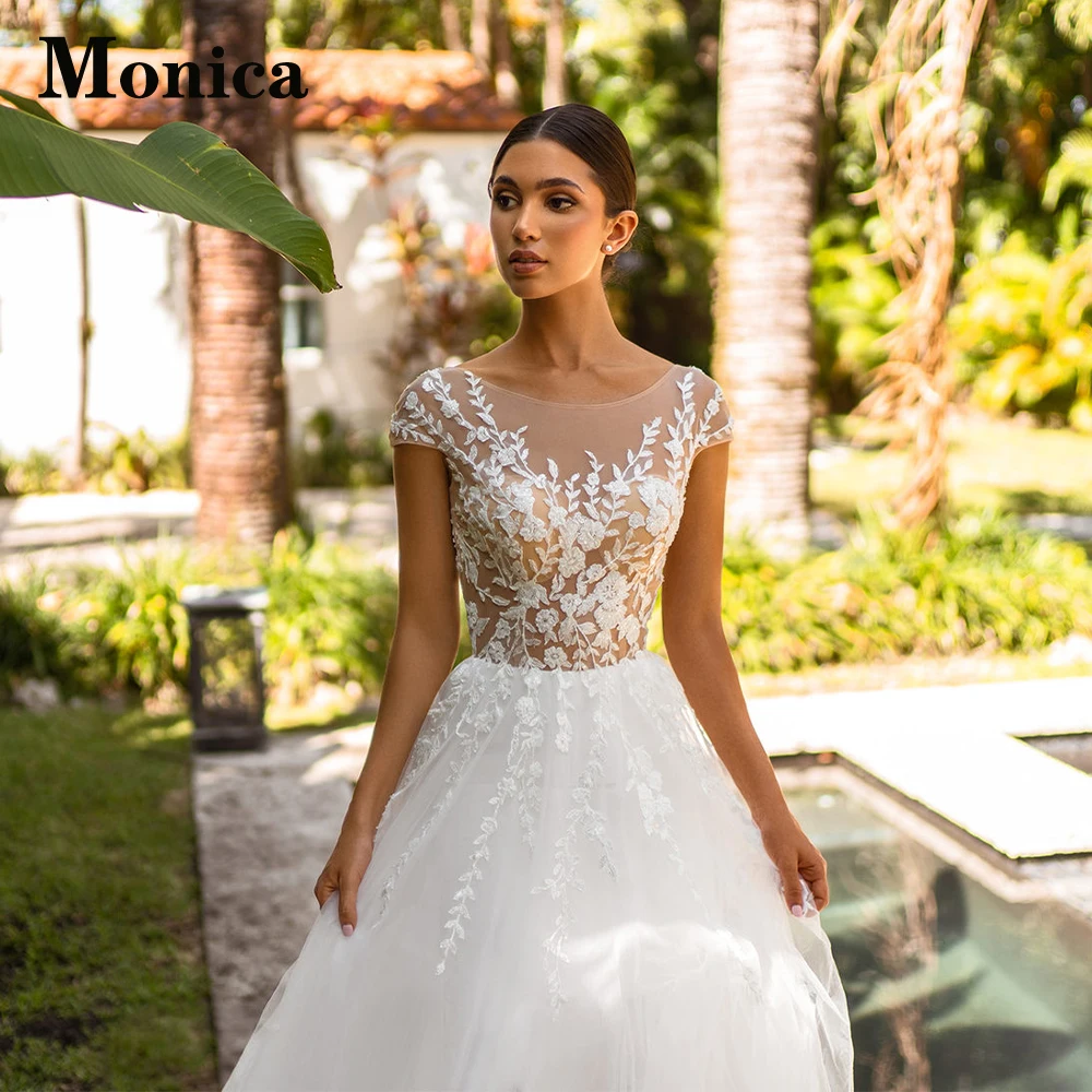 

MONICA Pastrol Scoop Tulle Backless Sleeveless Wedding Dresses For Mariages Floral Print Custom Made Vestido De Casamento Pleat