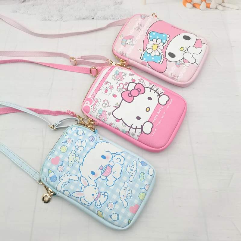 Sanrios Kuromi Cinnamoroll Melody Mobile Shoulder Bag Pouch Case Belt Handbag Purse Coin Wallet Retro Key Holder Small Money Bag