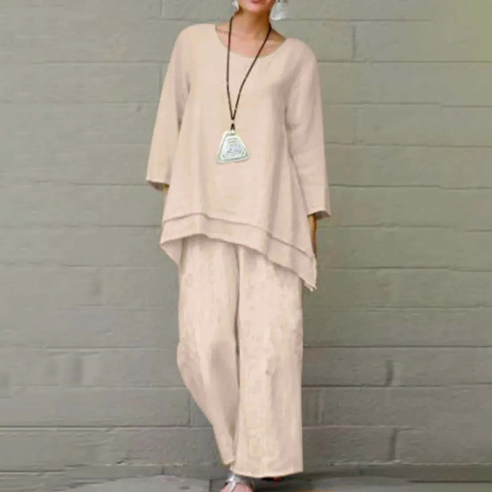 

Women Casual Solid Round Neck Long Sleeve Splice Shirt Elastic Loose Ladies Pant Set Temperament Leisure Two Piece Outfits