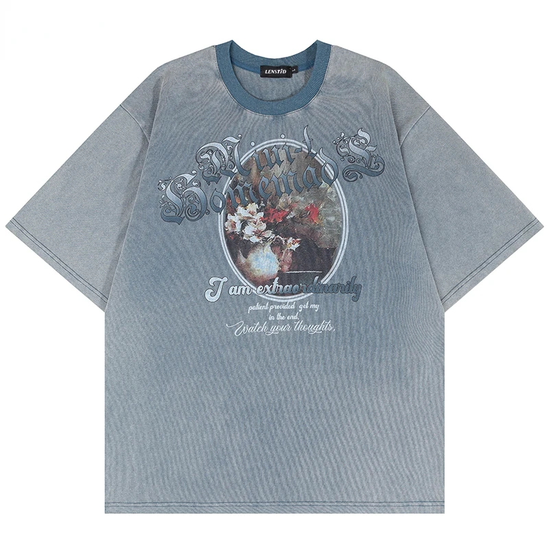 

Summer Men Washed Short Sleeve Tshirts Hip Hop Flower Graphic Print Vintage T-Shirts Streetwear Harajuku Casual Cotton Tops Tees