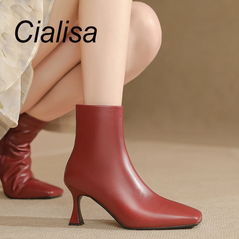

Женские короткие ботинки из натуральной кожи Cialisa, Элегантные ботильоны на молнии с квадратным носком, на высоком каблуке, Осень-зима 2023