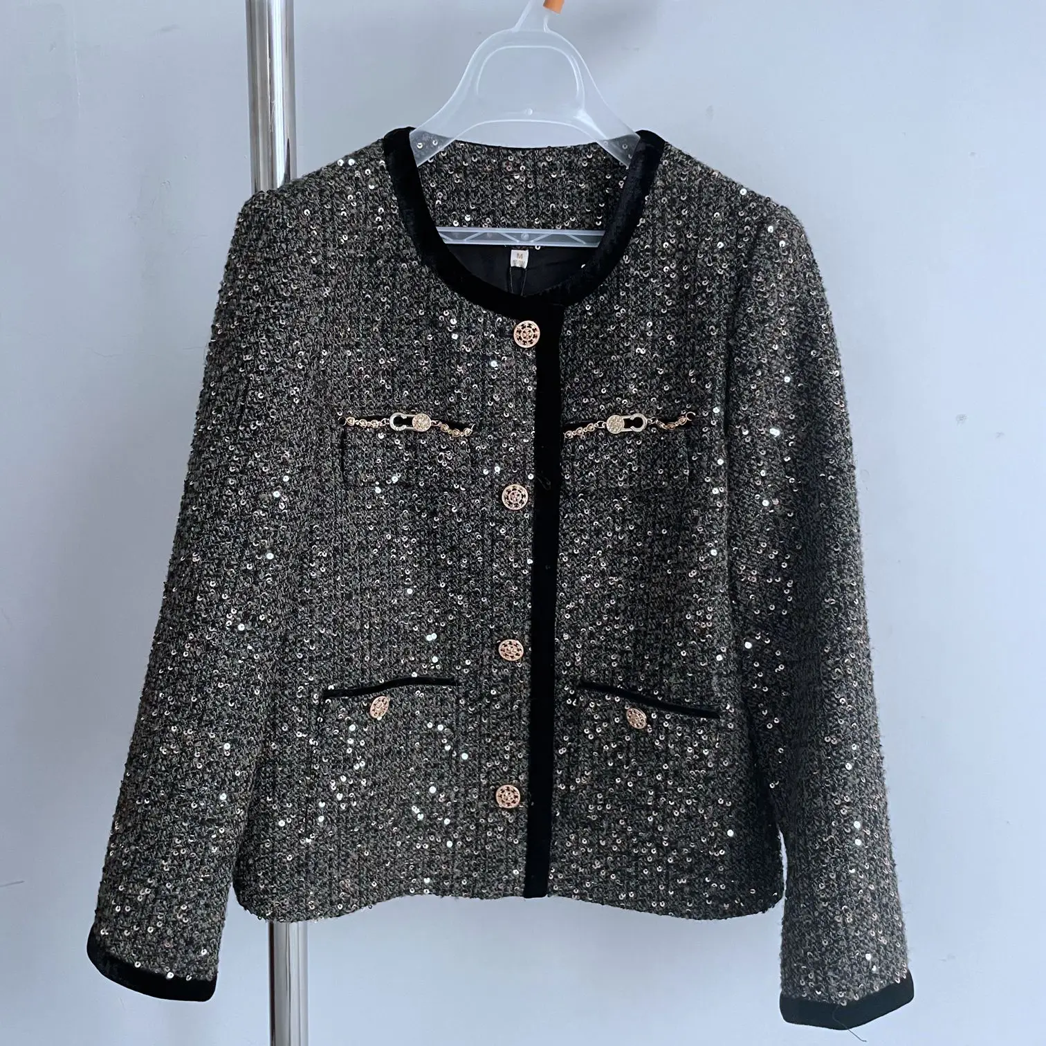 Manou M24q-033 Модная изящная верхняя одежда с блестками золотой бархат лоскутное