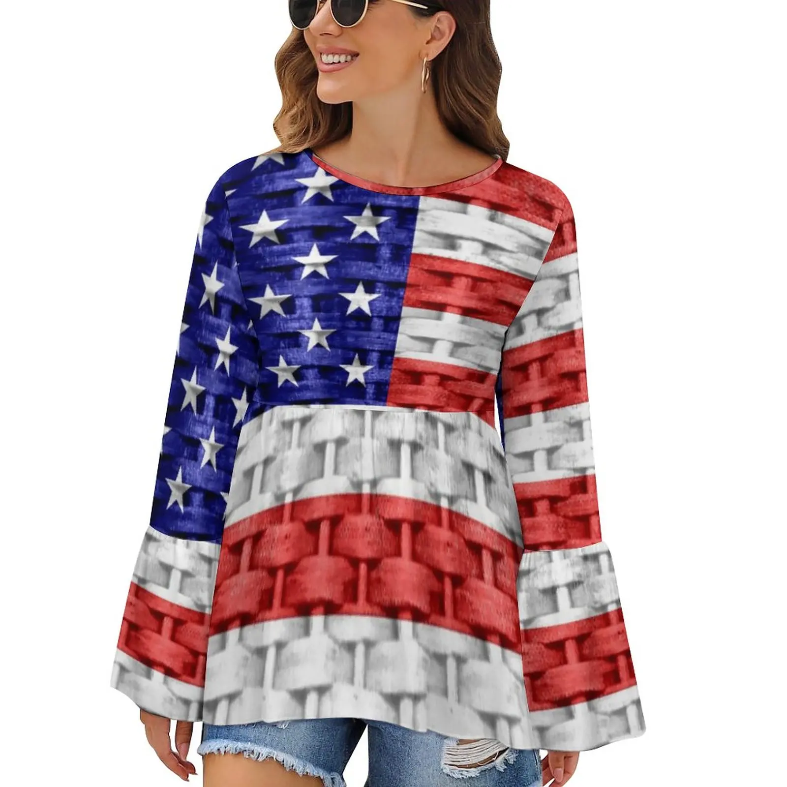 American USA Flag T-Shirts Stars Print Street Style Long-Sleeve T Shirt Retro Tee Round Neck Printed Tops Big Size |