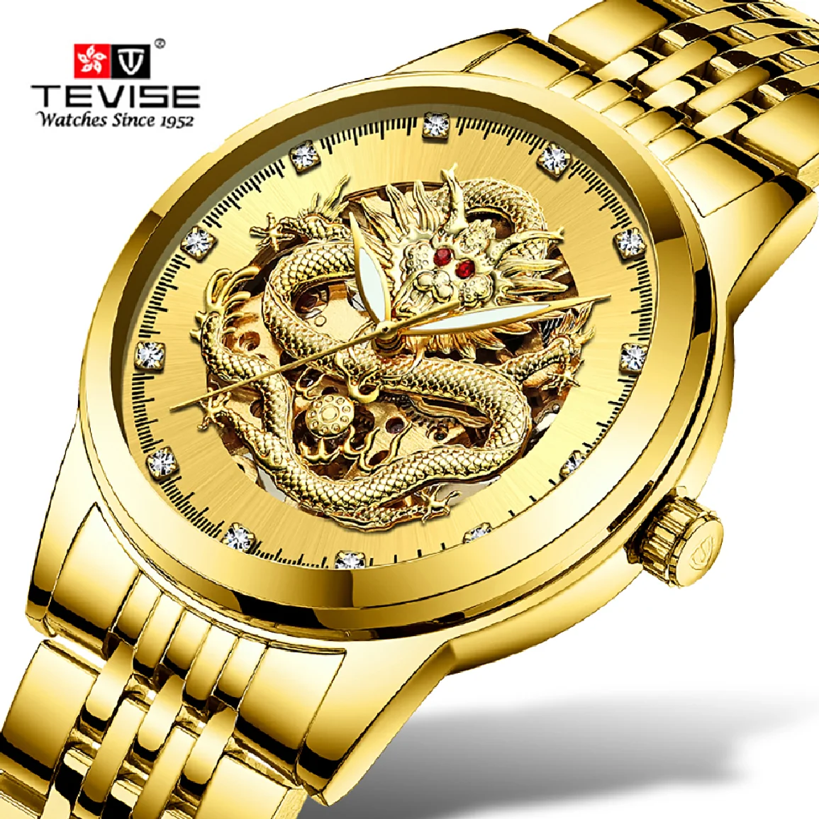 

TEVISE Men Mechanical Watch Luxurious Automatic Winding Watches Waterproof Skeleton Hollow Gold Dragon Clock Relogio Masculino