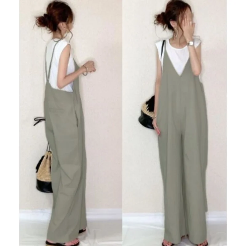 Solid Color V-neck Wide-leg Jumpsuit Women 2023 Summer Loose Casual Patchwork Long Strap Jumpsuit Fashion Mopping Pants Overall