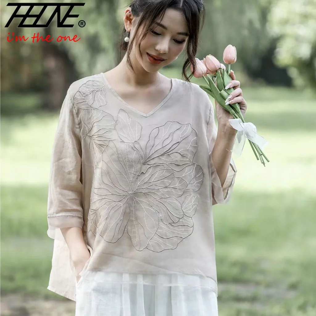 Женская одежда рубашки блузка летняя хлопчатобумажная Льняная блуза с вышивкой