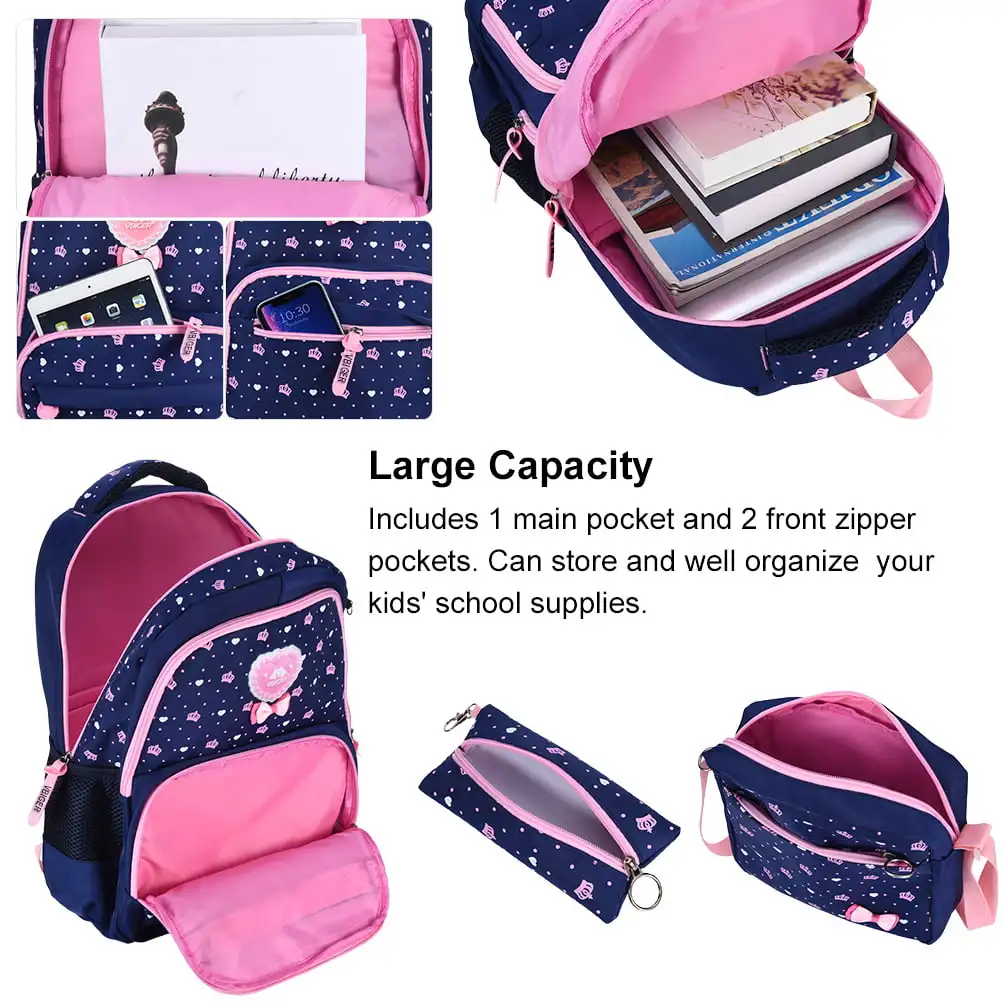3-in-1 School Bags Casual Student Daypack Chic Nylon Style Lightweight Backpack Set for Teenage Girls, Dark Blue