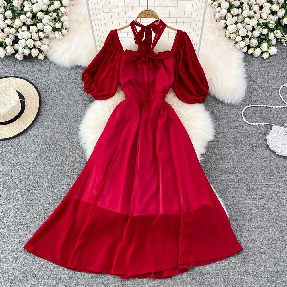 

Halter Square Collar Summer Dress Women 2022 New Puff Seelve A-Line Empire Beach Style Female Party Vestidos