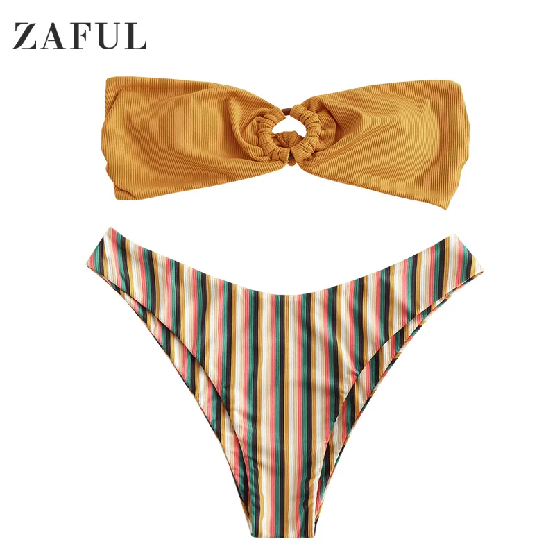 

ZAFUL Bikini Set Yellow Ribbed Colorful Striped O Ring Bandeau Two Pieces Swimwear 2022 Beach Low Waisted Bathingsuit Bather